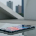 Fx Motorola Moto G75 positioned on a modern glass surface with architectural elements in the blurred background emphasizing contemporary design aesthetics 2