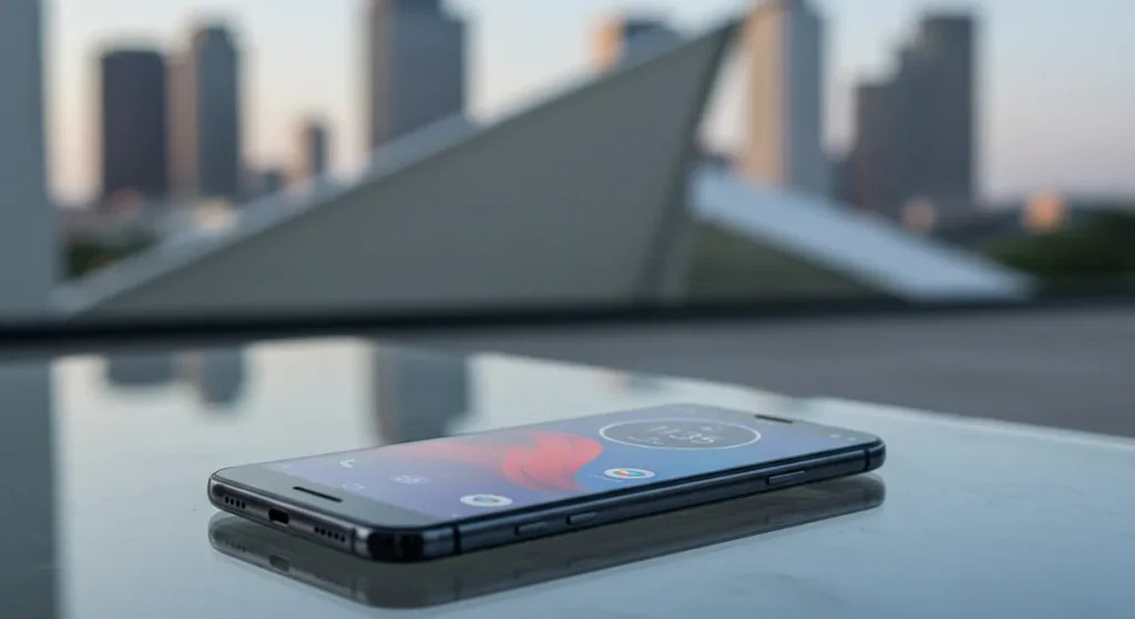 Fx Motorola Moto G75 positioned on a modern glass surface with architectural elements in the blurred background emphasizing contemporary design aesthetics 3