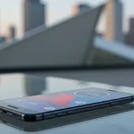 Fx Motorola Moto G75 positioned on a modern glass surface with architectural elements in the blurred background emphasizing contemporary design aesthetics 3