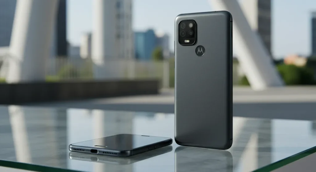 Fx Motorola Moto G75 positioned on a modern glass surface with architectural elements in the blurred background emphasizing contemporary design aesthetics 4