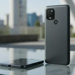 Fx Motorola Moto G75 positioned on a modern glass surface with architectural elements in the blurred background emphasizing contemporary design aesthetics 4