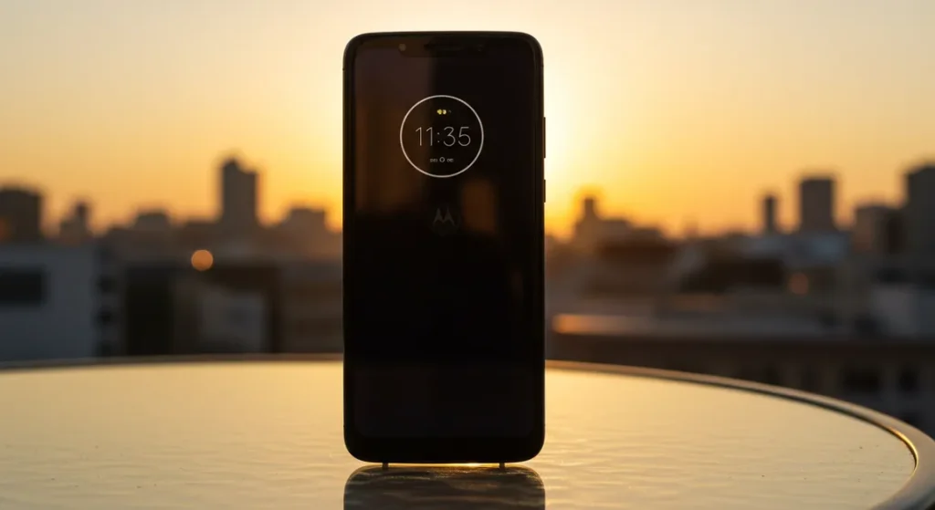 Fx Motorola Moto G75 positioned vertically on a glass table with city skyline blurred in the background during golden hour 1