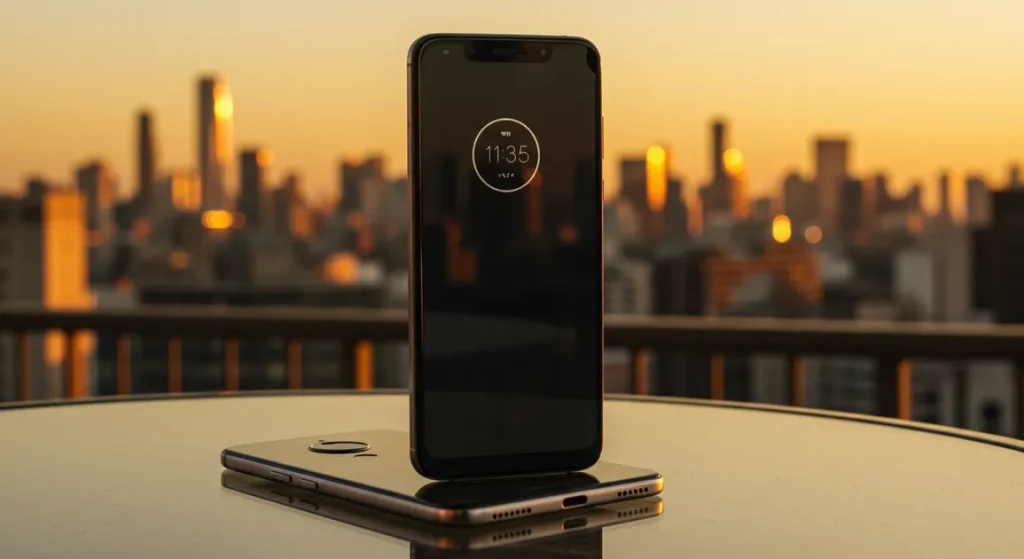 Fx Motorola Moto G75 positioned vertically on a glass table with city skyline blurred in the background during golden hour 2