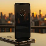 Fx Motorola Moto G75 positioned vertically on a glass table with city skyline blurred in the background during golden hour 2