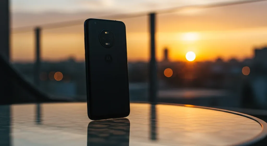 Fx Motorola Moto G75 positioned vertically on a glass table with city skyline blurred in the background during golden hour 3
