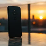 Fx Motorola Moto G75 positioned vertically on a glass table with city skyline blurred in the background during golden hour 3