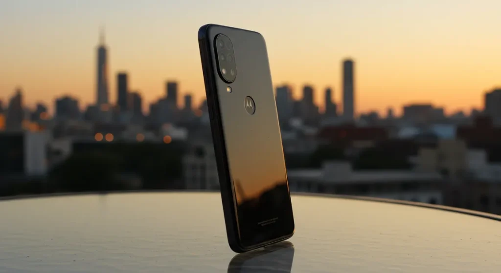 Fx Motorola Moto G75 positioned vertically on a glass table with city skyline blurred in the background during golden hour 4