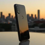 Fx Motorola Moto G75 positioned vertically on a glass table with city skyline blurred in the background during golden hour 4