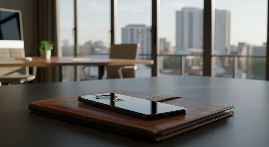 Fx Motorola Moto G75 resting on a leather portfolio in a modern business environment with soft natural window light 1