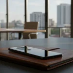 Fx Motorola Moto G75 resting on a leather portfolio in a modern business environment with soft natural window light 1