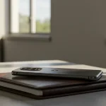 Fx Motorola Moto G75 resting on a leather portfolio in a modern business environment with soft natural window light 2