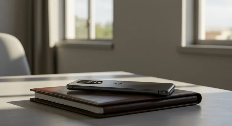 Fx Motorola Moto G75 resting on a leather portfolio in a modern business environment with soft natural window light 2