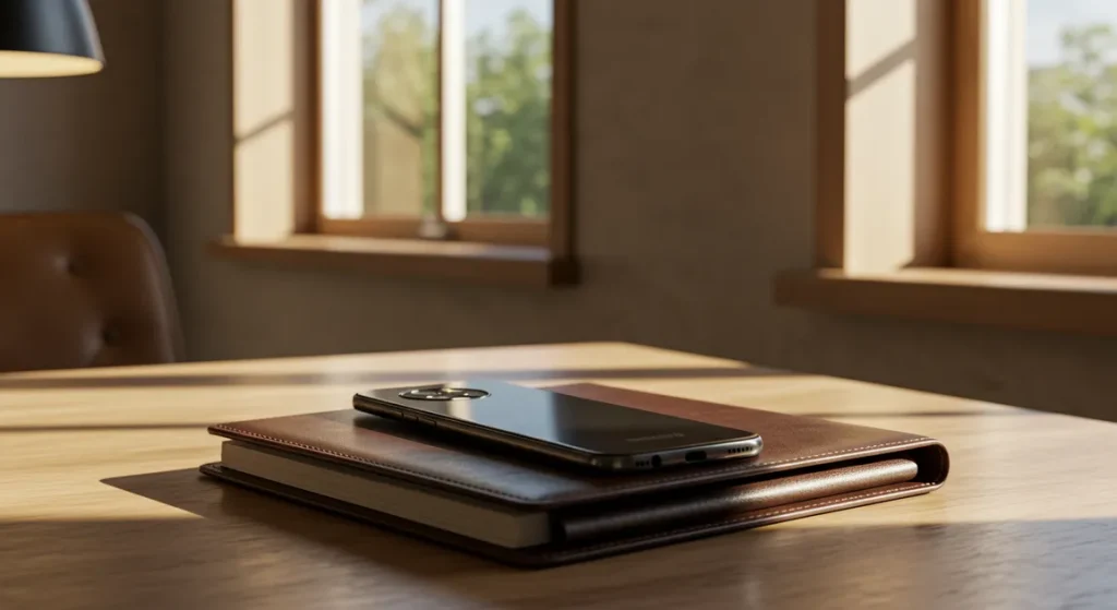 Fx Motorola Moto G75 resting on a leather portfolio in a modern business environment with soft natural window light 3