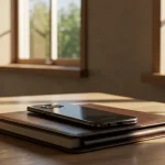 Fx Motorola Moto G75 resting on a leather portfolio in a modern business environment with soft natural window light 3