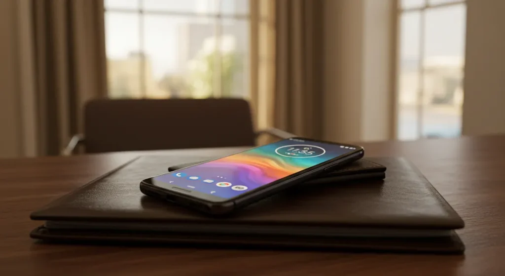 Fx Motorola Moto G75 resting on a leather portfolio in a modern business environment with soft natural window light 4