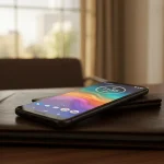 Fx Motorola Moto G75 resting on a leather portfolio in a modern business environment with soft natural window light 4