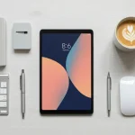 Fx Overhead flat lay photography of Xiaomi Redmi Pad SE 11 surrounded by modern workspace accessories clean aesthetic high end photography 1