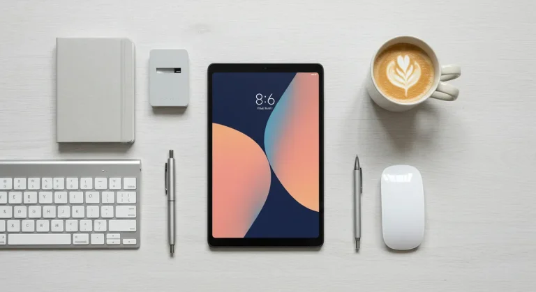 Fx Overhead flat lay photography of Xiaomi Redmi Pad SE 11 surrounded by modern workspace accessories clean aesthetic high end photography 1
