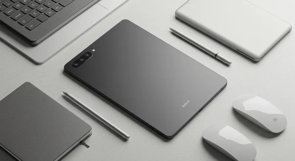 Fx Overhead flat lay photography of Xiaomi Redmi Pad SE 11 surrounded by modern workspace accessories clean aesthetic high end photography 2