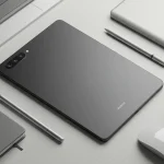 Fx Overhead flat lay photography of Xiaomi Redmi Pad SE 11 surrounded by modern workspace accessories clean aesthetic high end photography 2