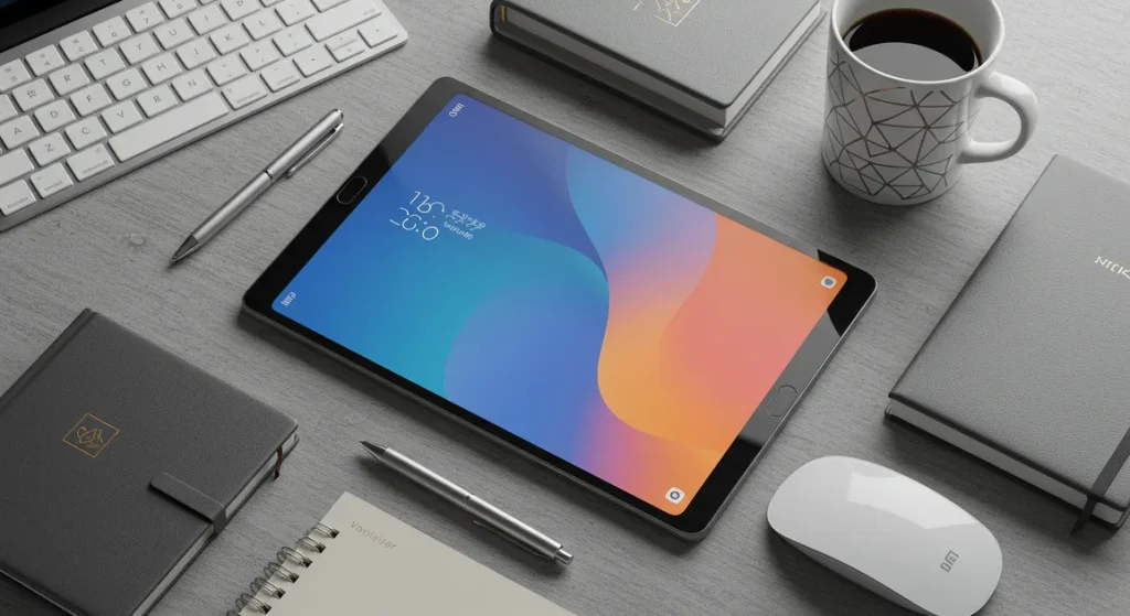 Fx Overhead flat lay photography of Xiaomi Redmi Pad SE 11 surrounded by modern workspace accessories clean aesthetic high end photography 3