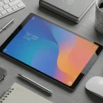 Fx Overhead flat lay photography of Xiaomi Redmi Pad SE 11 surrounded by modern workspace accessories clean aesthetic high end photography 3