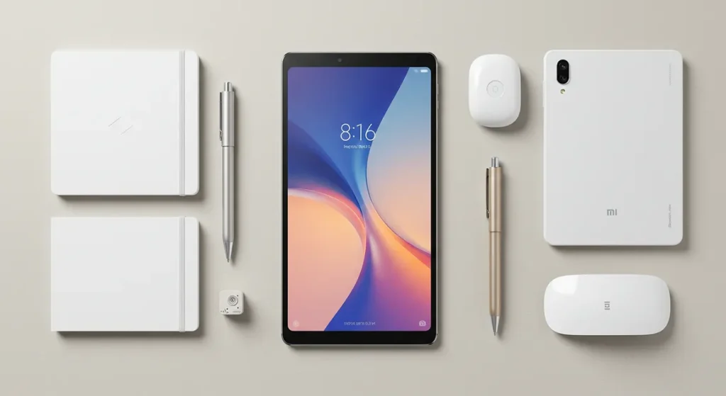 Fx Overhead flat lay photography of Xiaomi Redmi Pad SE 11 surrounded by modern workspace accessories clean aesthetic high end photography 4
