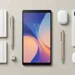 Fx Overhead flat lay photography of Xiaomi Redmi Pad SE 11 surrounded by modern workspace accessories clean aesthetic high end photography 4