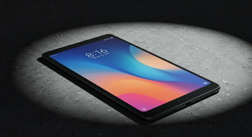 Fx Professional product shot of Xiaomi Redmi Pad SE 11 with dramatic shadow play on a textured concrete surface moody lighting 3
