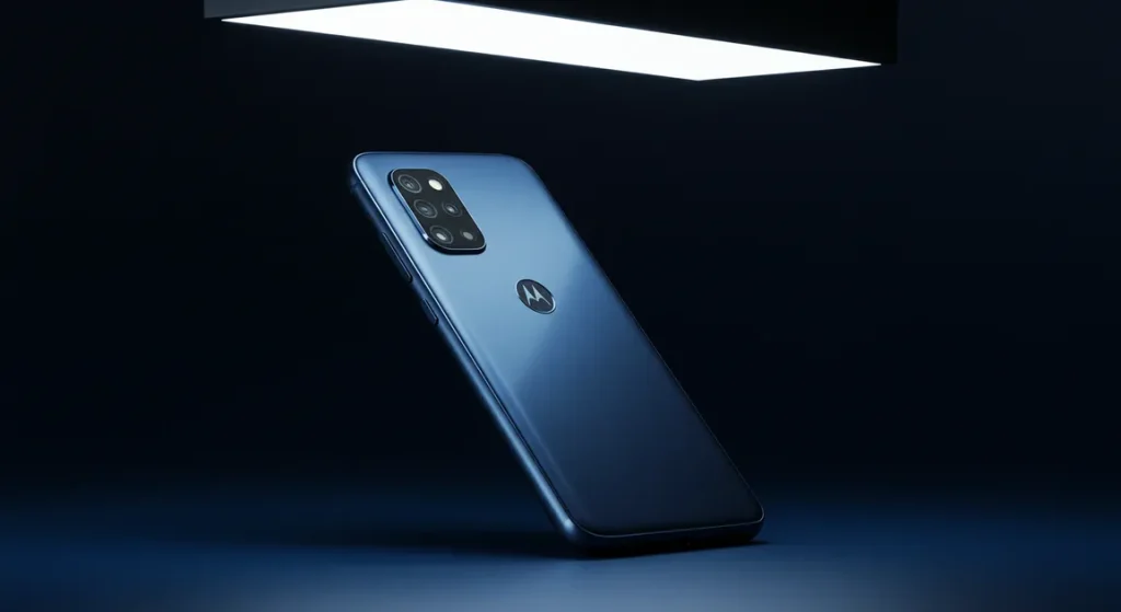 Fx Professional studio shot of Motorola Moto G75 with dynamic lighting creating highlights on the metallic edges and camera lenses 1