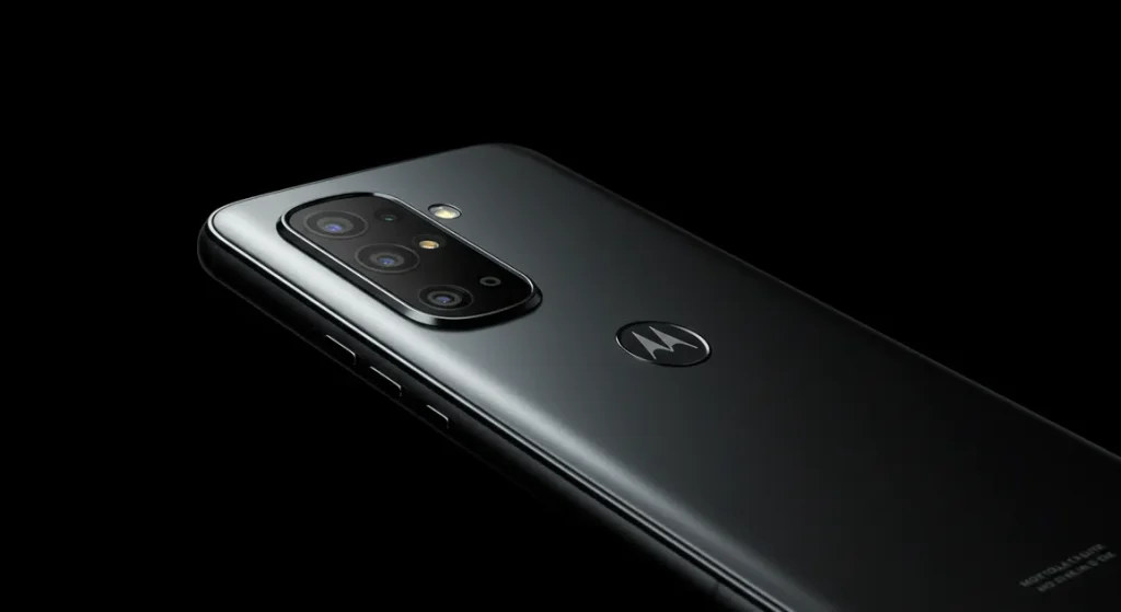 Fx Professional studio shot of Motorola Moto G75 with dynamic lighting creating highlights on the metallic edges and camera lenses 2