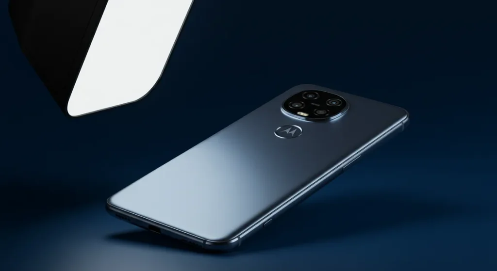 Fx Professional studio shot of Motorola Moto G75 with dynamic lighting creating highlights on the metallic edges and camera lenses 4