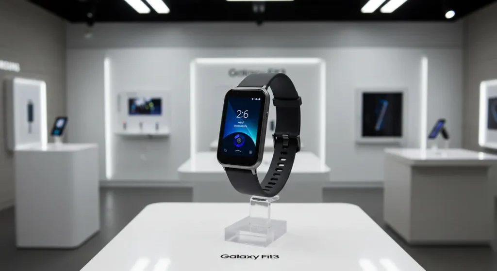 Fx Samsung Galaxy Fit3 displayed in modern tech showroom with professional display lighting 1