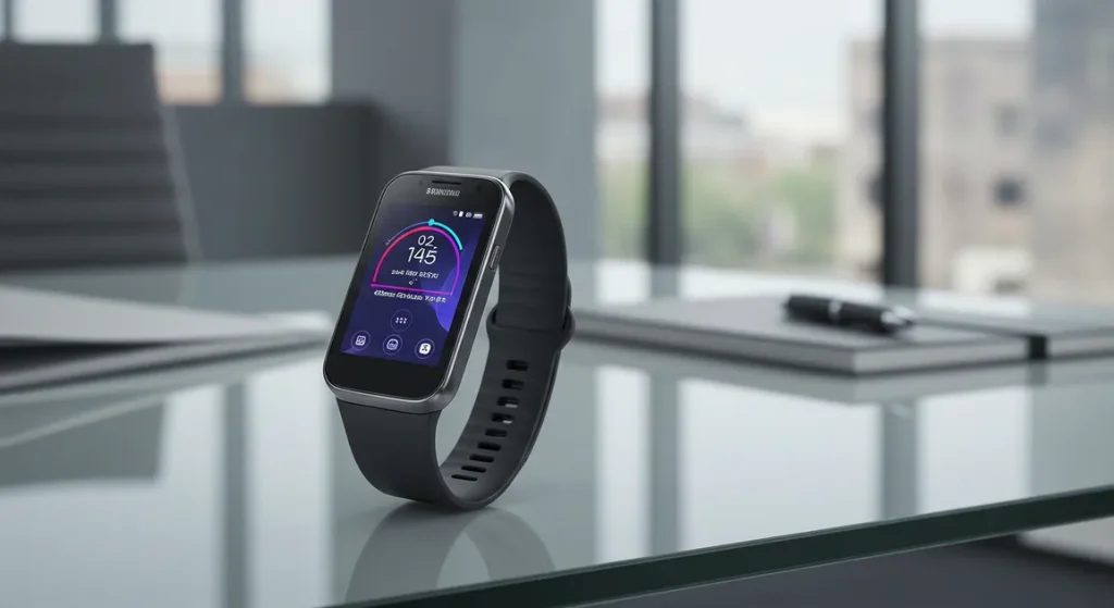 Fx Samsung Galaxy Fit3 displayed on modern glass desk in contemporary office environment 1