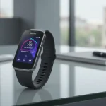 Fx Samsung Galaxy Fit3 displayed on modern glass desk in contemporary office environment 1