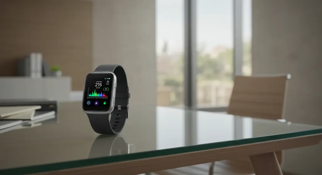 Fx Samsung Galaxy Fit3 displayed on modern glass desk in contemporary office environment 2