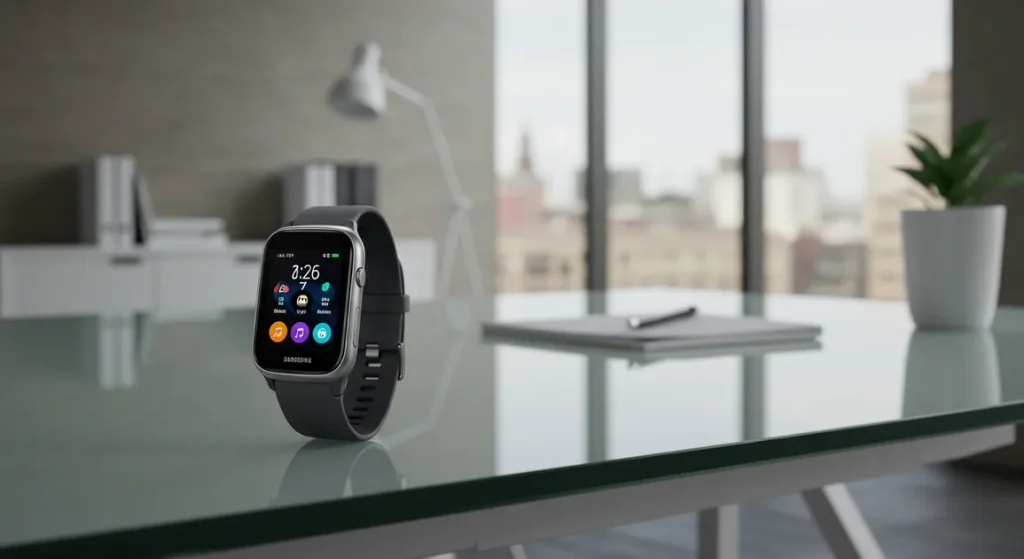 Fx Samsung Galaxy Fit3 displayed on modern glass desk in contemporary office environment 3