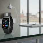 Fx Samsung Galaxy Fit3 displayed on modern glass desk in contemporary office environment 3
