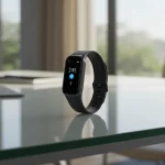 Fx Samsung Galaxy Fit3 displayed on modern glass desk in contemporary office environment 4