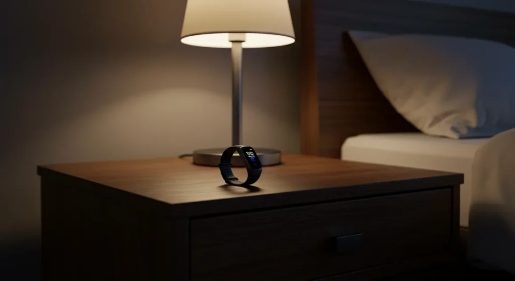 Fx Samsung Galaxy Fit3 displayed on modern nightstand with ambient bedroom lighting 1