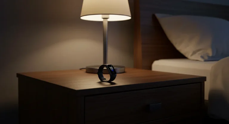 Fx Samsung Galaxy Fit3 displayed on modern nightstand with ambient bedroom lighting 1