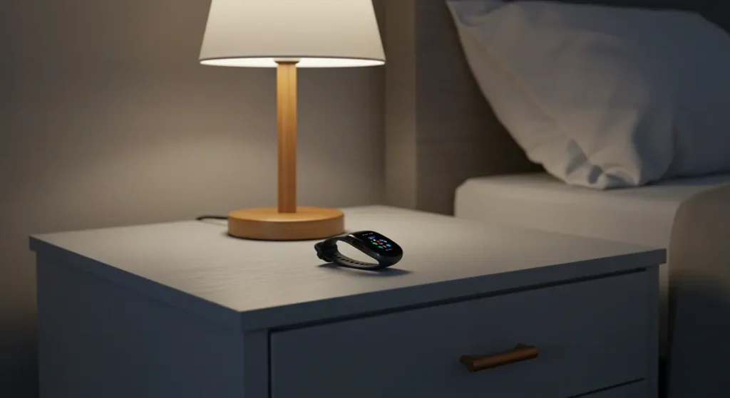 Fx Samsung Galaxy Fit3 displayed on modern nightstand with ambient bedroom lighting 2