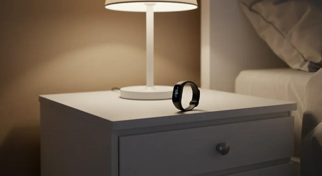 Fx Samsung Galaxy Fit3 displayed on modern nightstand with ambient bedroom lighting 3