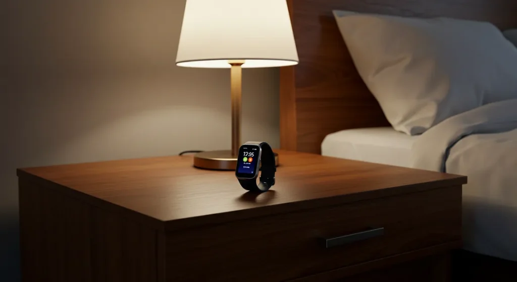 Fx Samsung Galaxy Fit3 displayed on modern nightstand with ambient bedroom lighting 4