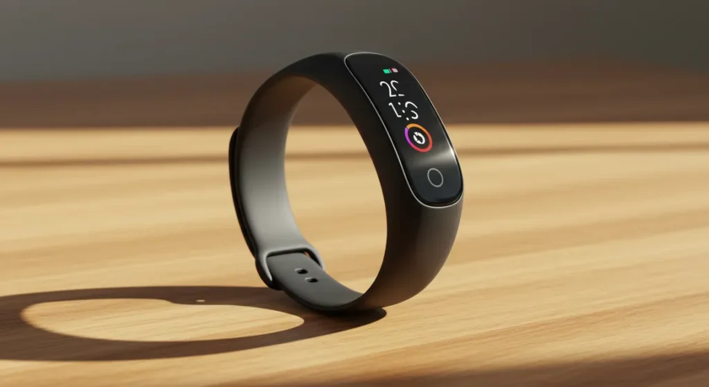 Fx Samsung Galaxy Fit3 fitness band positioned on wooden surface with warm natural lighting 1