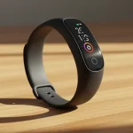 Fx Samsung Galaxy Fit3 fitness band positioned on wooden surface with warm natural lighting 1