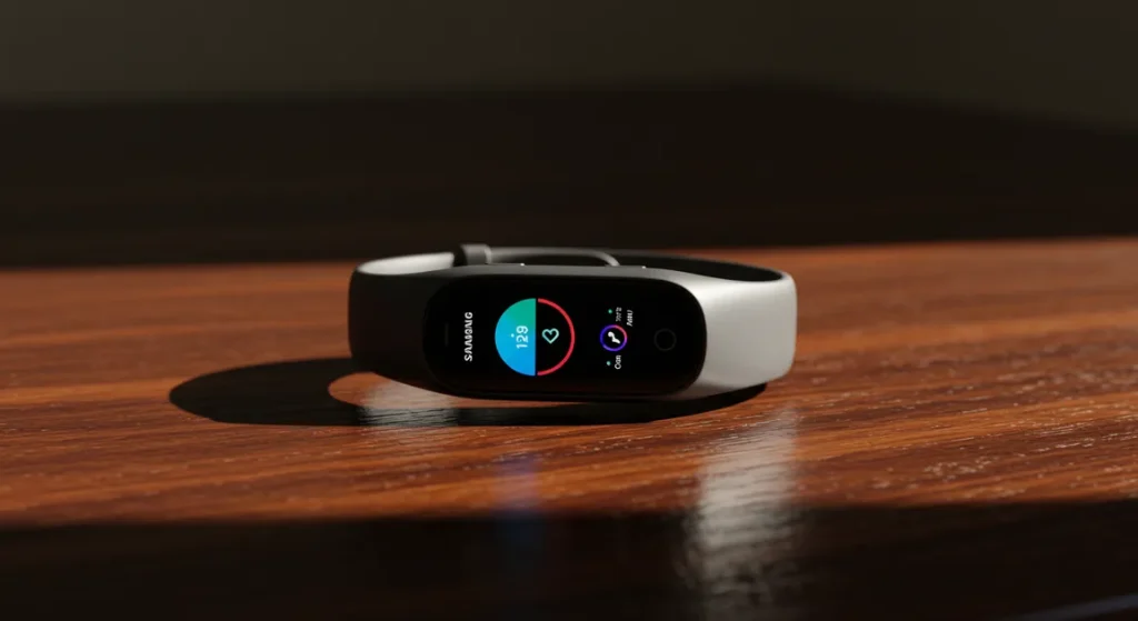 Fx Samsung Galaxy Fit3 fitness band positioned on wooden surface with warm natural lighting 2