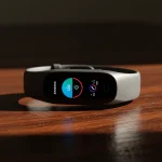 Fx Samsung Galaxy Fit3 fitness band positioned on wooden surface with warm natural lighting 2