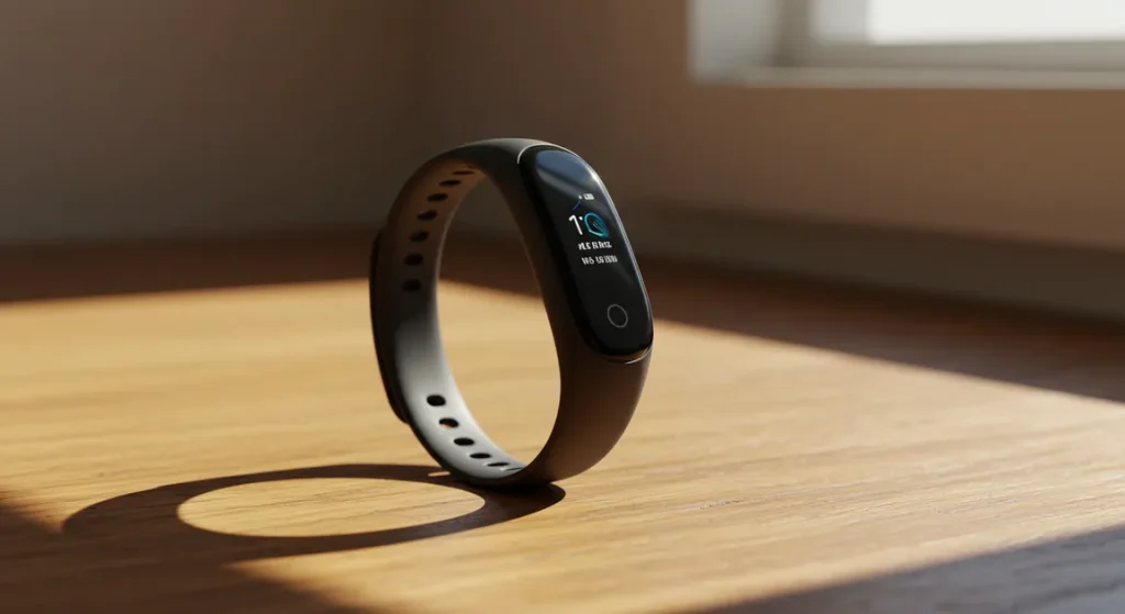 Fx Samsung Galaxy Fit3 fitness band positioned on wooden surface with warm natural lighting 3