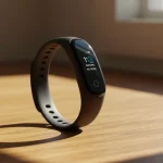 Fx Samsung Galaxy Fit3 fitness band positioned on wooden surface with warm natural lighting 3